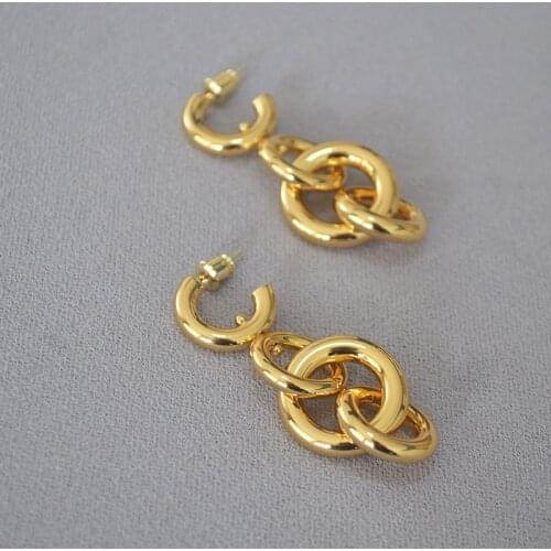 European and American niche design chain buckle brass exaggerated temperament long earrings stud earrings