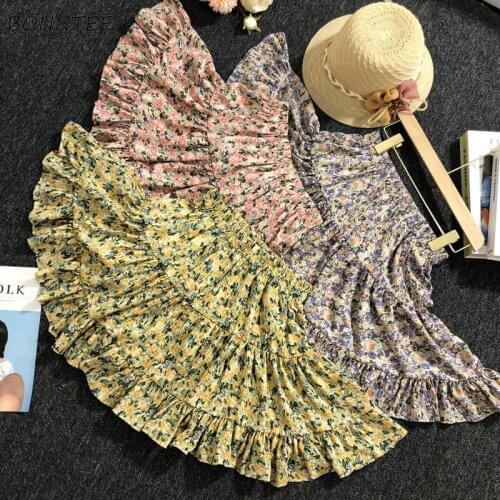 Skirts Women High Waist Print A-Line Sexy Female Mini Ruffles Harajuku Vintage Students Korean Style Sweet Girls Daily Elegant