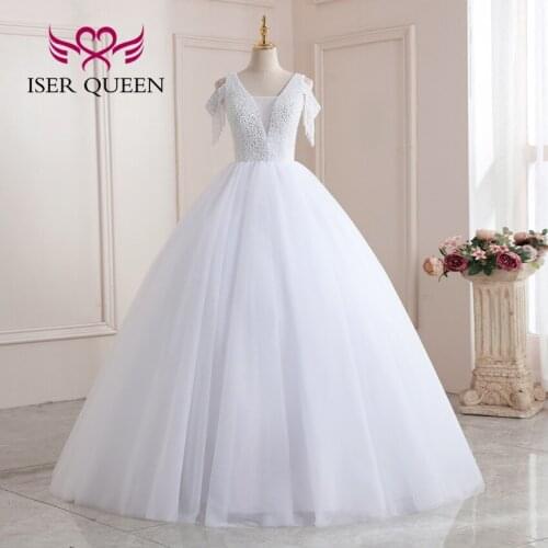 Pearls Beaded Tassel Sleeves White Wedding Dress 2021 Sexy V neck Simple Europe Wedding Gown Tulle Bride Dress For Women WX0204