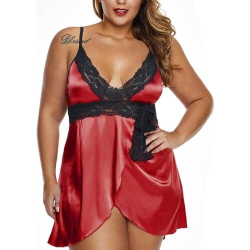 Women Summer Nightdress Lace Splicing V-Neck Spaghetti Strap Dress Plus Size Female Sleepwear Sleeveless Satin Nightgowns S-3XL