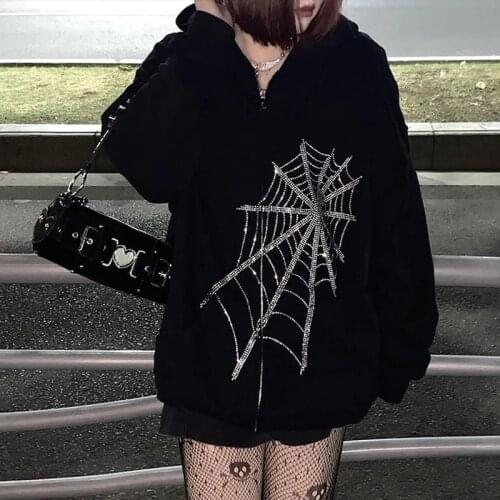 Gothic Black Rhinestone Punk Hooded Women Fairy Grunge Dark Academia Jacket Coat Harajuku Zipper Sweatshirts Emo Alt Clothing