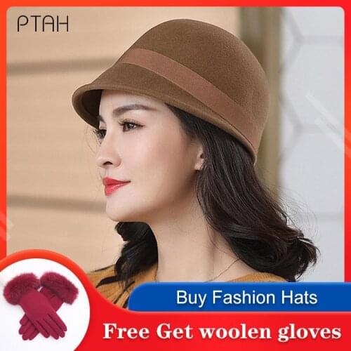 [PTAH] Women Wool Hats Church Autumn Winter New Warm Fedoras For Ladies Temperament British Style Vintage Hats Caps High Quality