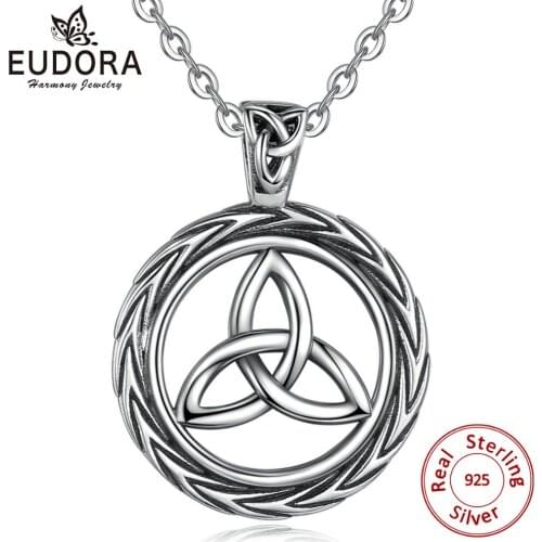 Eudora 925 Sterling Silver Vintage Irish Celtic Trinity Knot Round Pendant Necklace with box Celtic knot Jewelry for Women D264