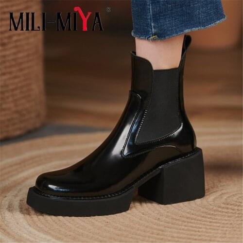 MILI-MIYA Luxury Genuine Leather Chelsea Chunky Heel Platform Women Ankle Boots Brand Ladies Round Toe Autumn Slip-On Wild Shoes