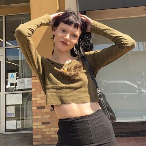 Women Autumn Vintage Pullovers Tees Y2K Aesthetic Fairy Grunge Floral Print Long Sleeve Crop Top Female Spring Casual T-shirt