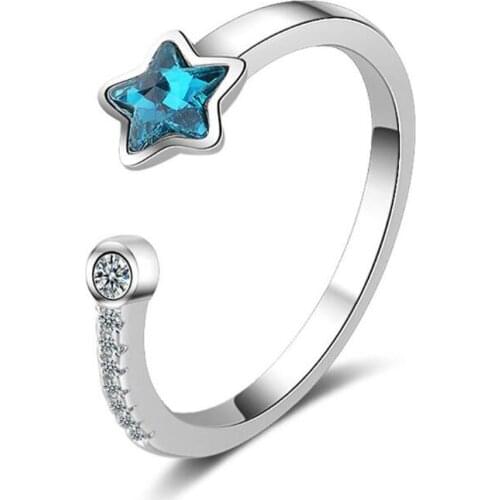 KOFSAC New Fashion 925 Sterling Silver Rings For Women Girl Luxury Blue Crystal Star Shiny CZ Ring Fine Jewelry Christmas Gifts