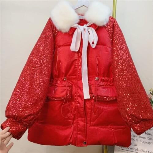 Sequin Stitching Winter Coat Fashion Big Fur Collar Down Parka Coat For ladies 2021 Mid-length High Quality Cotton Jacket Coat