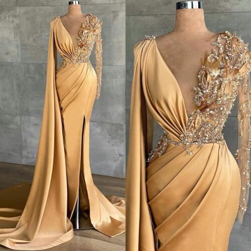 Gold Mermaid 2021 Prom Dress V Neck Lace Appliqued Long Sleeve Beaded Black Girl African Formal Evening Gowns