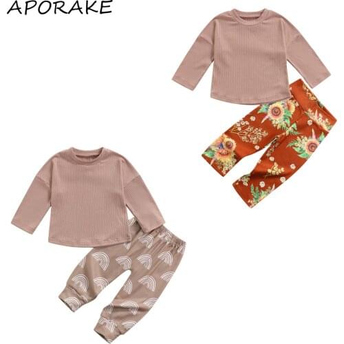 2021 0-6Y Casual Kids Baby Girl Boy Clothing Set Spring Autumn Knitted Solid Long Sleeve Top+Sunflower/Rainbow Print Pants 2pcs