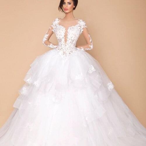 2015 Elegant Jewel Neckline Appliqued Lace Long Sleeve Sheer Back Tiered Ruffled Wedding Bridal Dresses