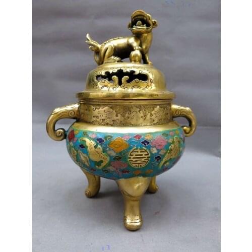 25cm*/China bronze gild Cloisonne censer bat Foo Dogs Lion incense burner Statue