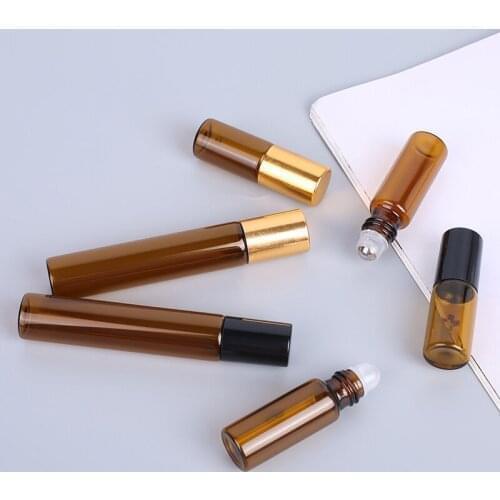 5pcs1/2/3/5/10ml Amber Roll glass On Roller Bottle with Stainless Steel Refillable Essential Oils Perfume Bottles Containers