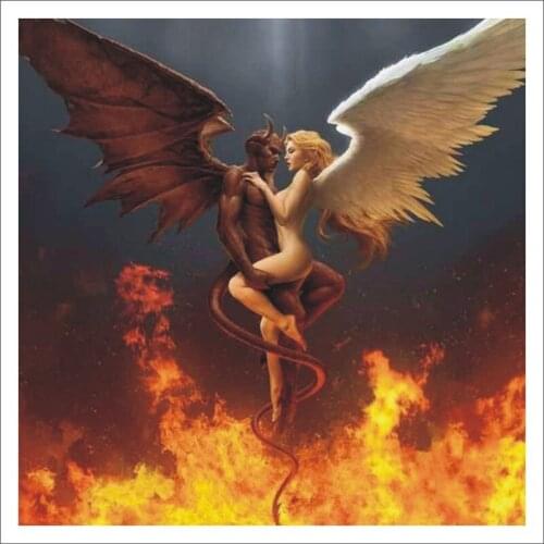 5D DIY Diamond Painting, Mosaic Diamond Kit, Angel and Devil in Fire Square Full Diamond Embroidery Kit Home Decor T192