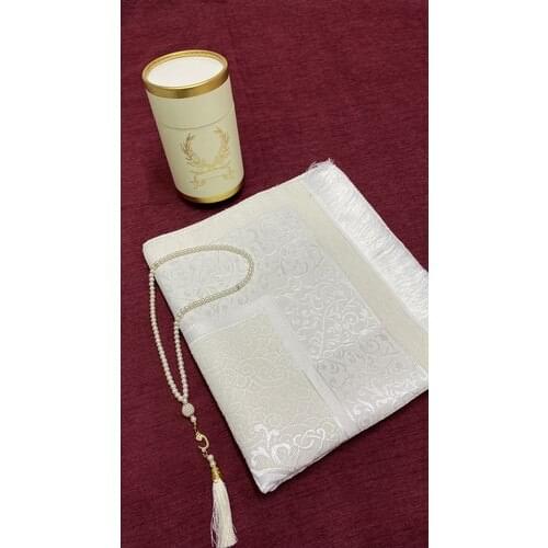 Ayhanhome Dowries Gift Boxed Prayer Rug Set Luxury Taffeta Prayer Mat, Pearl Rosary