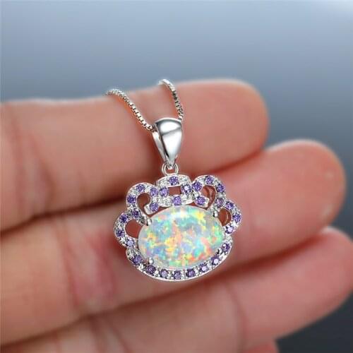 Charm Silver Color Oval Wedding Necklace Dainty Female White Opal Pendant Necklace Purple Stone Hollow Chain Necklaces For Women