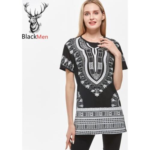 Dashiki Long african dresses for women Cotton Print Tee Short Sleeve T-shirt -Black 2020 american clothing