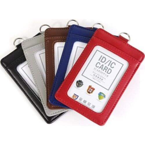 Badge Holder, 2-Sided PU Leather College ID Badge Card Holder Wallet Case with 1 Clear ID Window and 1 Credit Card Slot