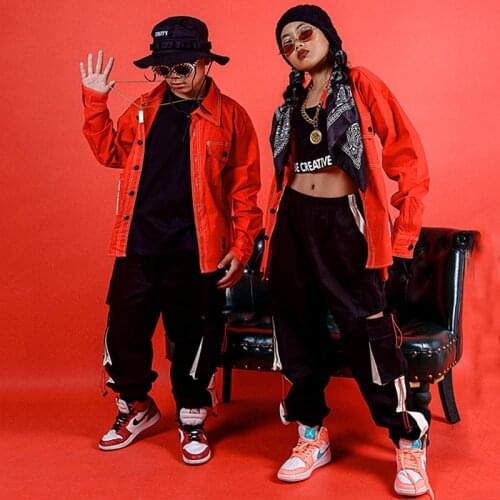 Hip Hop Children Jazz Dance Costume Boy Loose Clothing Girls Hiphop Pants Tops Fashion Performance Clothes Stage Red Suit BL3342
