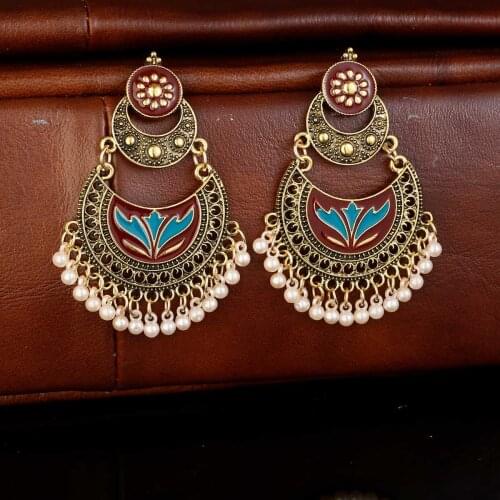 Ethnic Womens Pink Flower Crescent Earrings Bollywood Kundan Jhumka Earrings Fashion Jewelry Beads Tassel Gypsy
