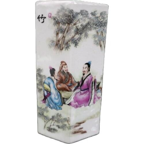 Chinese Old Porcelain Pastel Bamboo Forest Seven Sages Figure Pattern Six Square Pen Holder