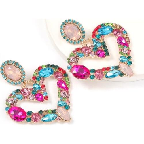 Fashion Simple Metal Heart-shaped Rhinestone Glass Earrings Girl Popular Exaggerated Drop Earrings Party Jewelry Accessories