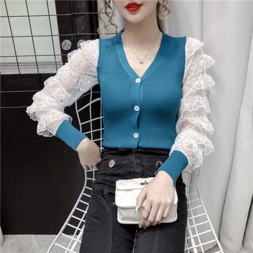 Fashion Women Cardigans Sweater New Autumn V Neck Elegant Knitted Long Sleeve Lace Sexy Tops Pull Femme Casual Coat Patchwork