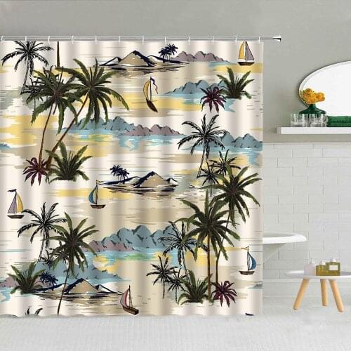 Painted Sea Coconut Tree Sailing Mountain Landscape Shower Curtain Set High Quality Fabric Bathroom Supplies Decor With Hooks