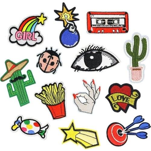 50pcs/lot Embroidery Patches Letters Clothing Decoration Accessories Diy Iron Heat Transfer Applique Cactus Sugar French Fries