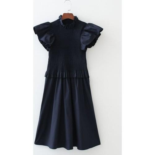 New Pop Women Fly Shoulder Dress HIgh neck elastic Smocked Knee Dress Elegant Chic Lady Vintage Woman Dresses
