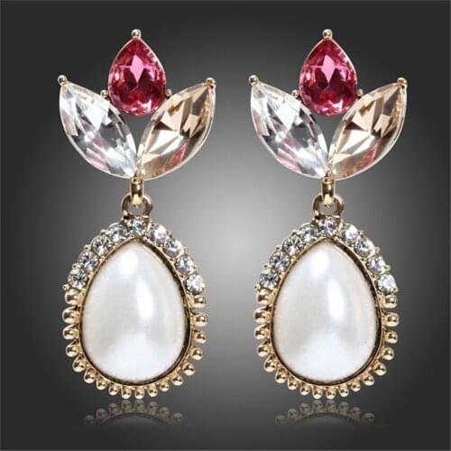 Olive Cut Austrian Crystals Bud Flower Teardrop Pearl Gold Color Drop Dangle Earrings Luxury bohemian Jewelry for Women