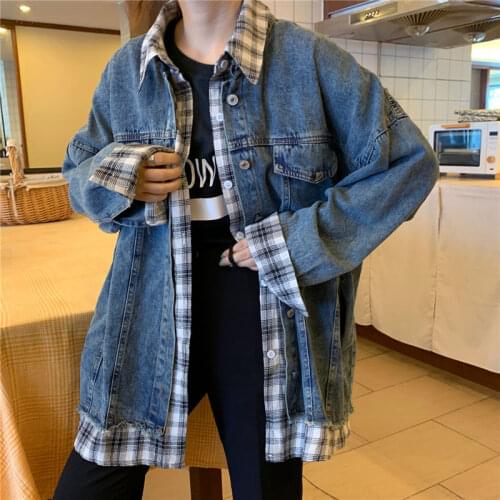 2021 Fall Winter Jean Jacket Women Fake Two Pieces Loose Outwear Casual Lapel Long Sleeve Spliced Plaid Korean Denim Coat Female