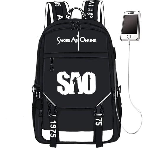Sword Art Online SAO Printing Backpack Unisex Travel Backpack USB Interface Laptop Backpack Canvas School Book Bags