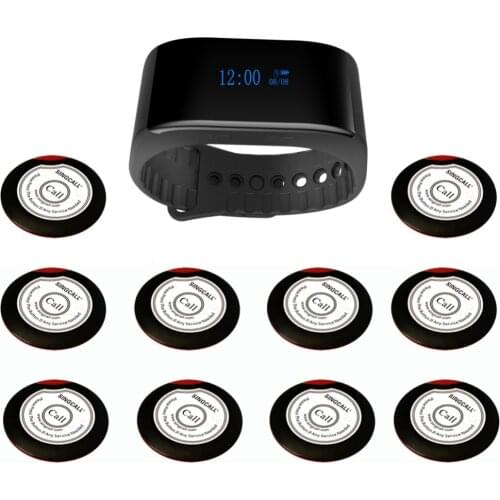 SINGCALL Wireless Call System of Waiters Services Cafe, Church Pager System 1 New Bracelet Watch Pager Plus 10 Calling Buttons