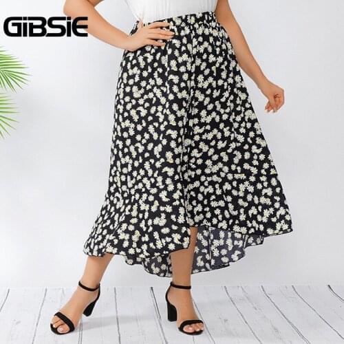 GIBSIE Women Skirt Plus Size Boho Ditsy Floral Ruffle Hem Skirts Womens Casual Summer Elastic Waist Korean Sweet Long Skirt