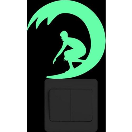 Funny Cartoon Surfing Man Luminous Switch Sticker Glow in the Dark Sports Wall Sticker Kids Room Boy Bedroom Decor Glowing Decal