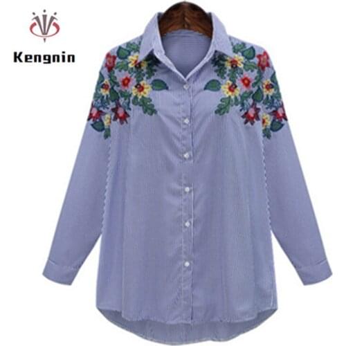 2021 Spring European Style Plus Size 5XL Women Blouse Casual Striped Ladies Long Sleeve Shirts Embroidery Foral Brand Tops KN122