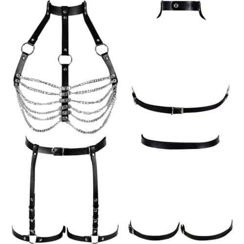 Goth Rave Leather Body Harness Bra Sexy Lingerie Garter Belt Set Full Bondage Adjust Metal Chain Tops Dance Festival for Women