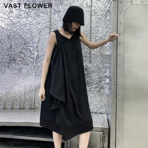Irregular Patchwork Black Backless Vest Dress Women New V-Neck Sleeveless Fashion Loose Casual Elegant Vintage Dress Summer 2021