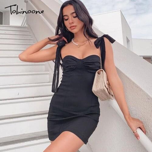 Tobinoone Spaghetti Strap Sexy Bodycon Dress Summer Black White Elegant Bandage dress Sleeveless Zipper Mini Short Dress Women