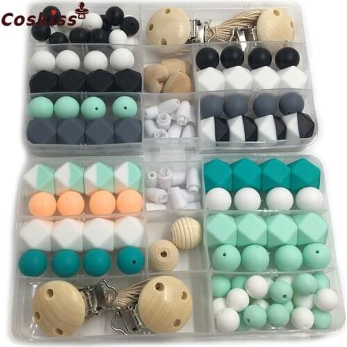 2pc DIY Baby Teether Accessories Geometry Hexagonal Round Silicone Bead Wooden Pacifier Clip Breakaway Safety Clasp For Bracelet