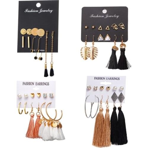 5 Pairs/Set Mixed Bar Black Tassel Hammered Disc Round Stud Earrings Set for Women Girls Fashion Long Earrings Jewelry