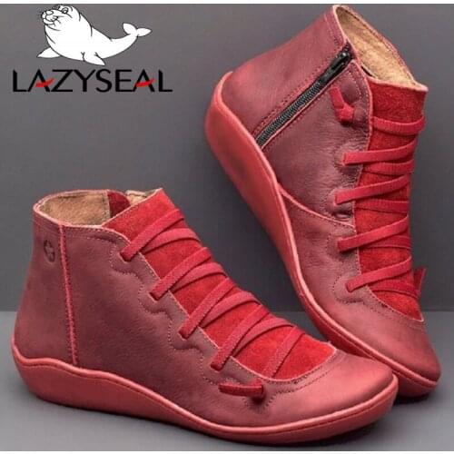 LazySeal Soft Leather Ankle Boots Autumn Vintage Lace Up Women Shoes Flat Heel Boots Female Zipper Short Boots Big size 35-43