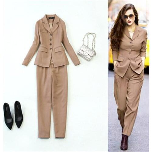 Fashion Pant Suits female large size fall / winter New khaki slim multi-button suit + harem pants two-piece suit women