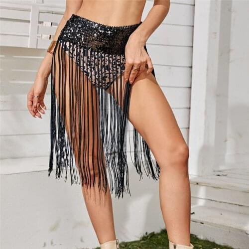 Women Fringe Tassels Skirt Women Summer Beach Long Party High Waist Skirt Rave Festival Clubwear Beach Cover Skirts Womens 2021