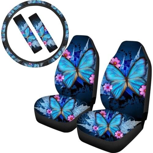 INSTANTARTS Blue Butterfly Printing 5pcs Car Seat Belt Pads Cover Steering Wheel Cover Slip-Resistant Vehicle Seat Protector Hot