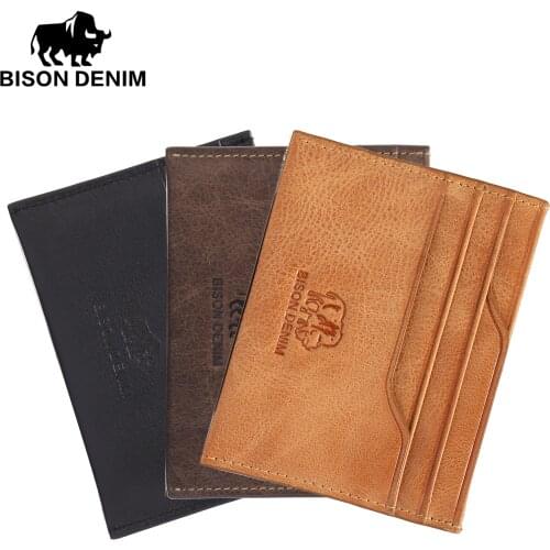 BISON DENIM Genuine Leather Card Holder Credit Cart Wallet mini Slim Wallet Money Case Card Cowskin Leather ID Holders W9315