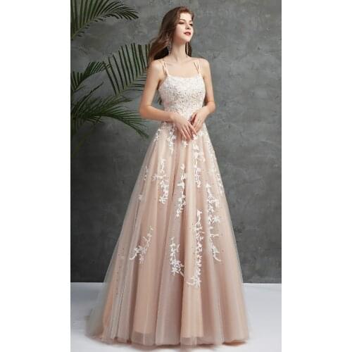 Beautiful lace evening dresses Formal women occasion Dress Spaghetti Strap Applique Sexy Open Back Long Prom dresses Robe De