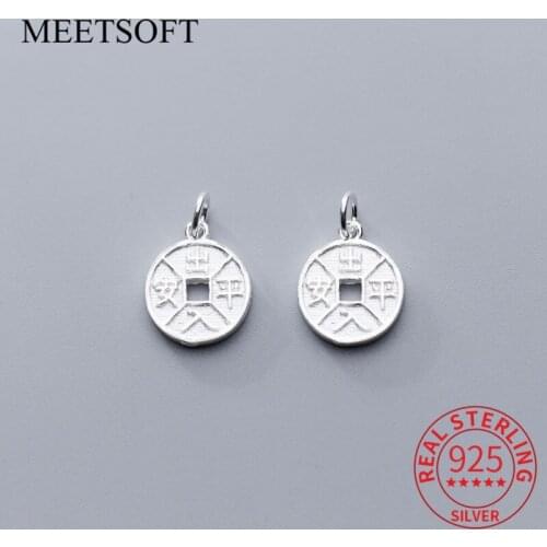 MEETSOFT 100% Silver Chinese Traditional Letter Charms Retro Round DIY Bracelet Handmade Necklace Pendant Jewelry Accessory