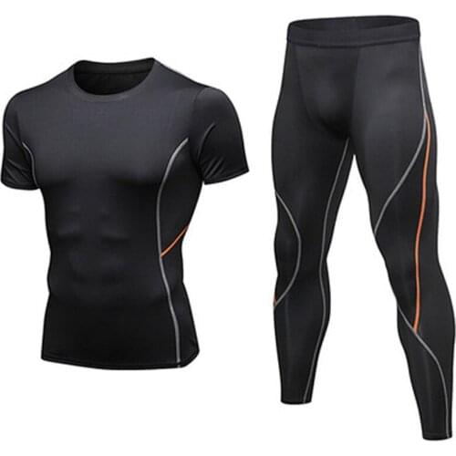 Men Sportswear Tight Tracksuits Training Sport Set Running Gym Clothes Compression Short Sleeve + Long Legging Workout Gym Set