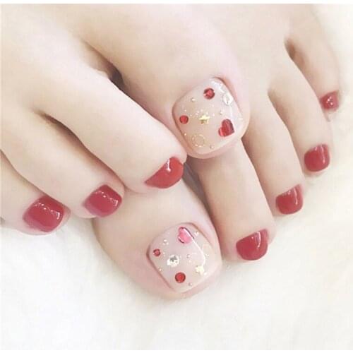 Red and white hit pure color with rivet decoration 3d false nails for toe cute summer toe nails bride full nail tips lady